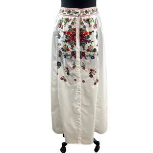 Lulumari White Maxi Skirt Floral Embroidered Stretch Front-Button Size Medium M